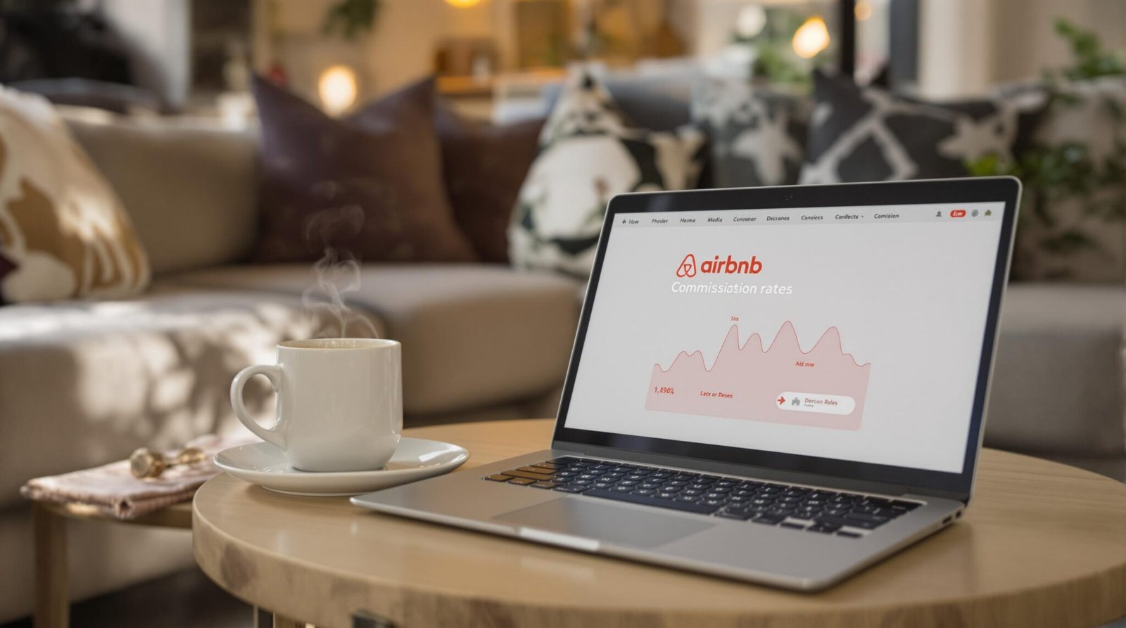 Laptop displaying Airbnb commission rates with coffee cup nearby.