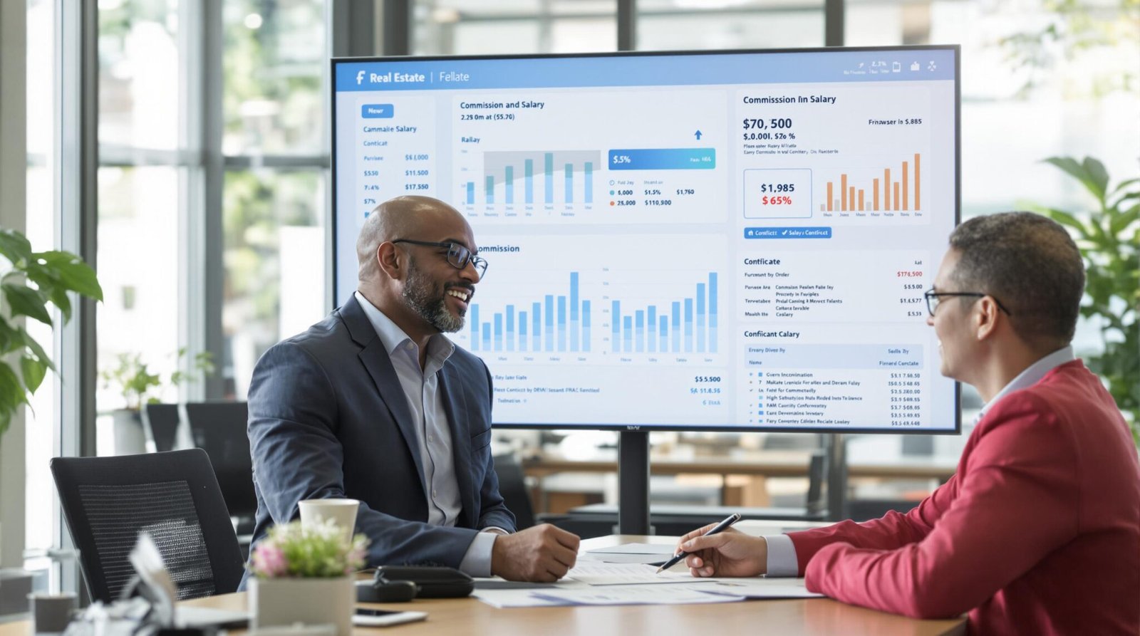 Two businessmen discussing financial data on a large screen.