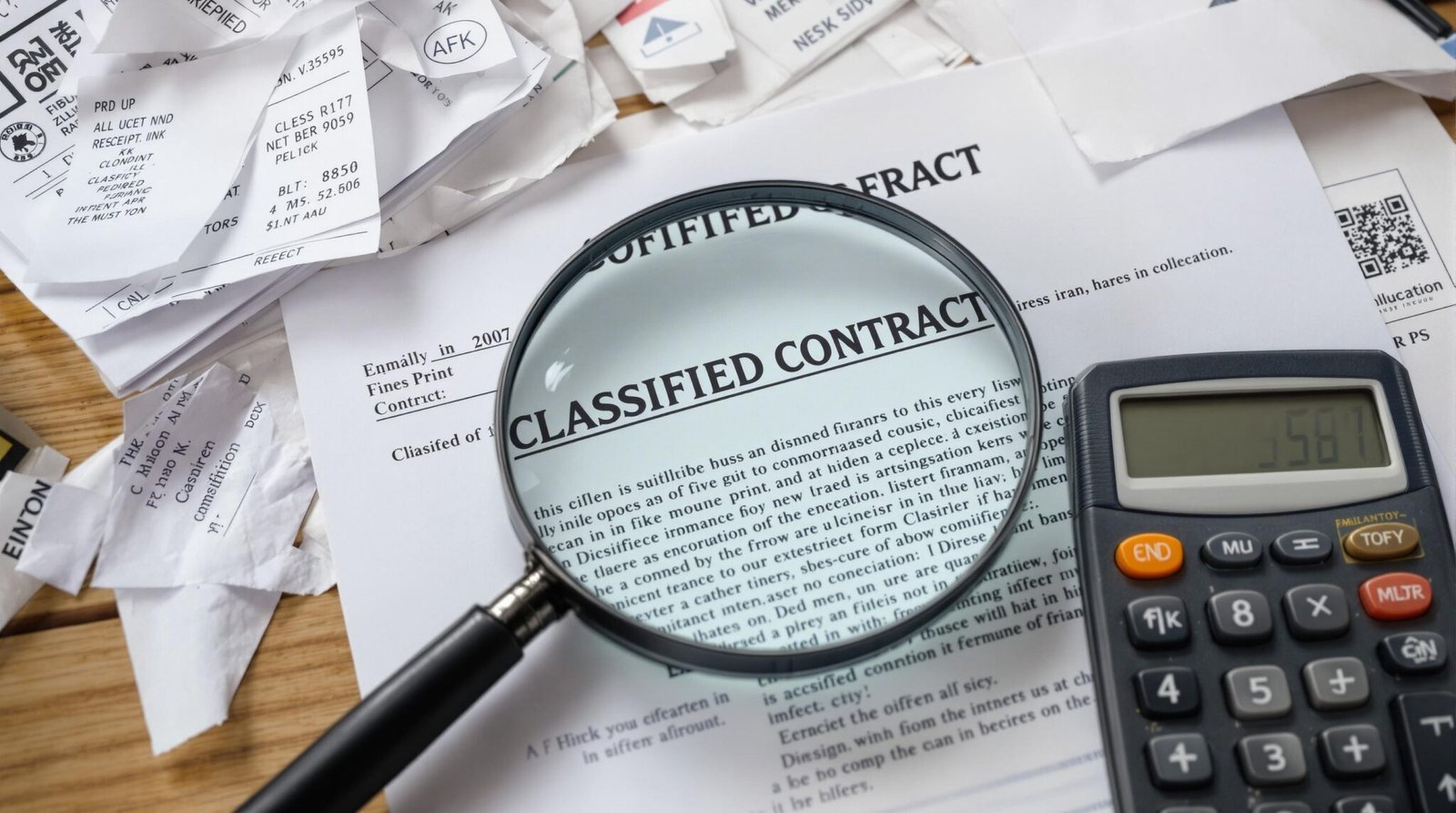 Classified contract document under a magnifying glass with receipts and a calculator.