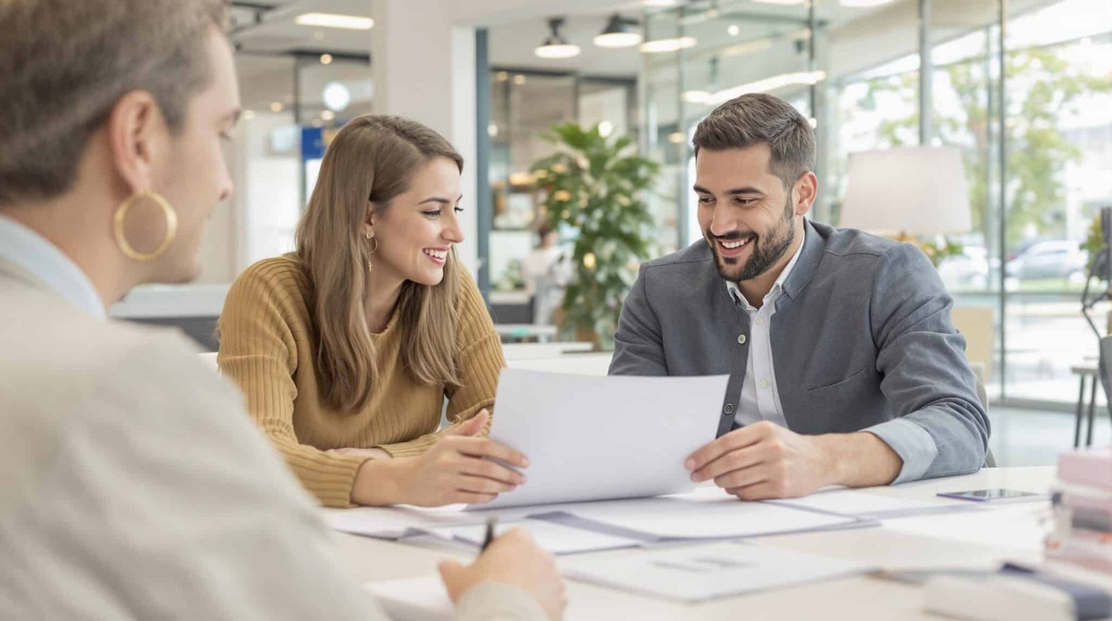 Three colleagues reviewing documents in a meeting.